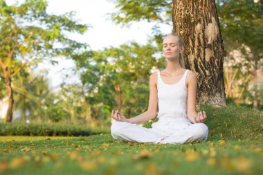 Sonbahar boyunca parkta bir ağacın yanında oturan bir kadın yoga pozisyonunda oturuyor. Gözleri kapalı, huzur içinde meditasyon yapıyor..