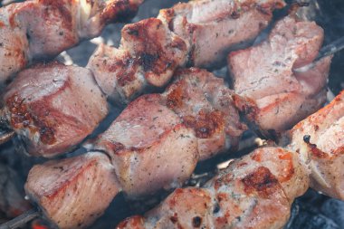 Marine shashlyk Barbekü üzerinde hazırlanıyor. Barbekü şiş üzerinde yakın çekim kavrulmuş Kebap ızgara.