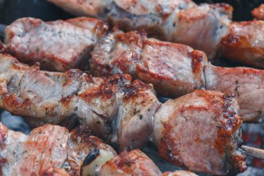 Yakın çekim kavrulmuş Kebap ızgara üzerinde. Marine shashlyk Barbekü ızgara hazırlanıyor. İştah açıcı şiş kebap şişleri üzerinde.