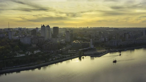 Top View Dnieper River Coastline Dnipro City Autumn Evening Sunset — Stock Photo, Image