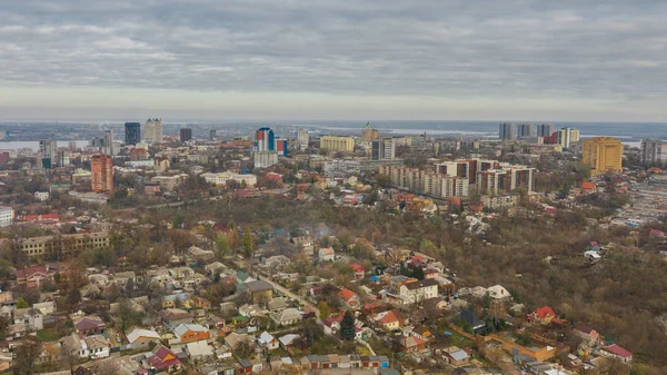 Urban bird\'s eye view from drone of Dnipro city downtown. Above cityscape with buildings on the background of the sky. (Dnepr, Dnepropetrovsk, Dnipropetrovsk). Ukraine