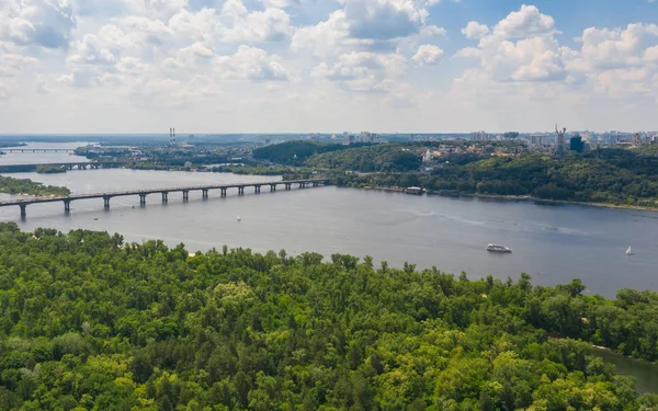 Aerial Top View Road Bridge Dnieper River City Summer Spring — Stock Photo, Image