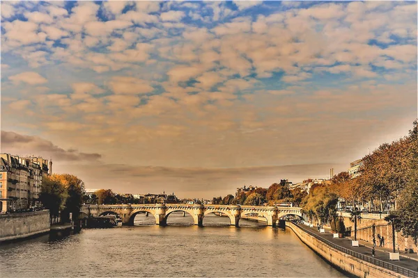 Panoramisch Uitzicht Beroemde Pont Neuf Rivier Seine Parijs Frankrijk Gedaan — Stockfoto