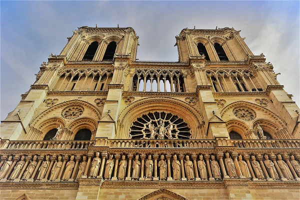 Notre Dame Vintage Tones Seen Bottom Towers Elongated Blue Sky Royalty Free Stock Photos