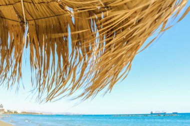 Arka planda mavi deniz ve gökyüzü olan saman şemsiyesi