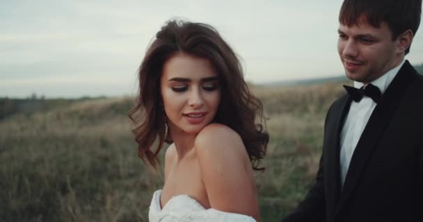 Sensual pareja novia y novio en medio del paisaje sonriendo y besándose . — Vídeos de Stock