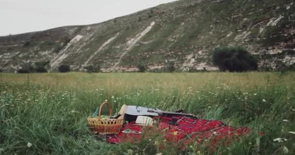 Κουβέρτα πικ-νικ με κιθάρα και με καλάθι τροφίμων. 4k — Αρχείο Βίντεο