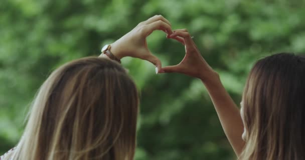 Två trevliga damer att göra ett bud hjärta från händerna. 4k — Stockvideo