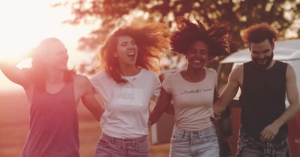 Closeup çok karizmatik genç grup ırkçı arkadaşıyla birlikte tutarak, tarlanın ortasında, yürüyüş piknik zamanı. yavaş hareketleri — Stok video