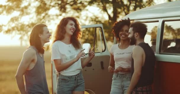 Miłym towarzystwie młody facet, mają ładne konwersacji obok retro van, w środku pola, niesamowity kolor nieba. — Wideo stockowe