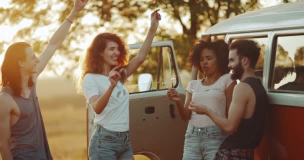 Friends have a good time at the nature , holding lit sparklers and have fun — Stock Video