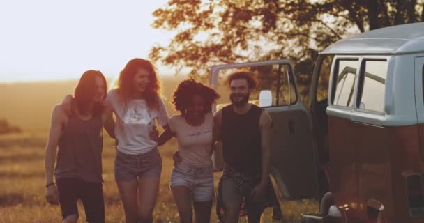 Los amigos multiculturales tienen un gran tiempo juntos en la naturaleza, sosteniéndose unos a otros y caminando por el campo, luces de cielo increíbles de fondo — Vídeo de stock