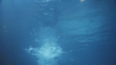 Su kamera altında camere için düz seyir ve su altında yüzmek için başlangıç havuzu söz almak daha büyük parmağını gösterir bir adam ile video alma