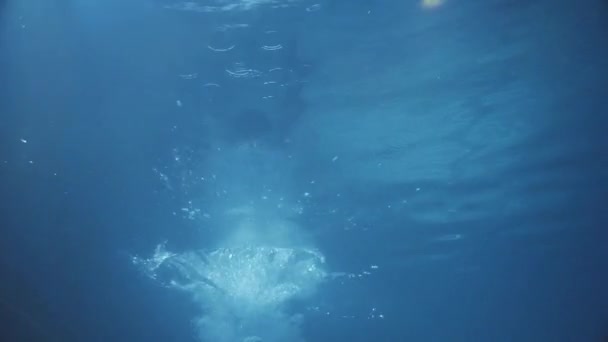 Bajo la cámara de agua tomando video de un hombre que saltando en la piscina comienza a nadar bajo el agua y mirando directamente a la cámara muestra el dedo más grande — Vídeos de Stock