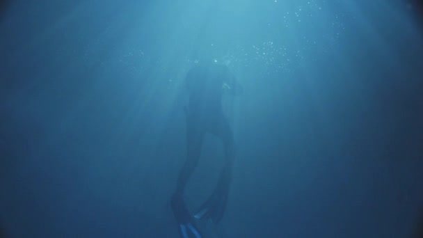 Potápěčské nohy v temné fondu s někteří světla slunce. — Stock video
