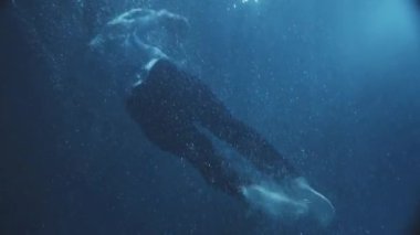 Yavaşça, yüzme adam karanlık zamanında, giyinmiş, suda suda biraz ay ışığı görebilirsiniz.