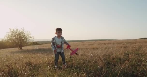 Sonhando menino carismático, brincando com um avião, pulando no meio do campo. movimentos lentos — Vídeo de Stock