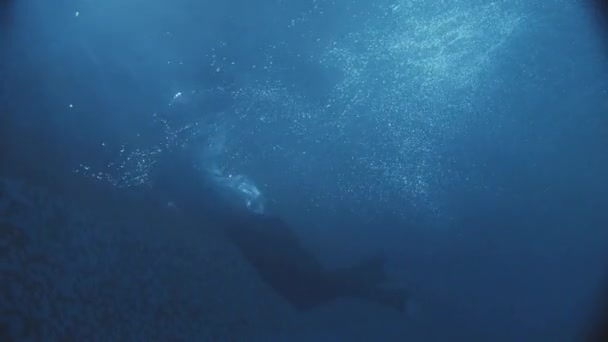 Natação homem sob a água em uma piscina escura, luzes incríveis cai na água . — Vídeo de Stock