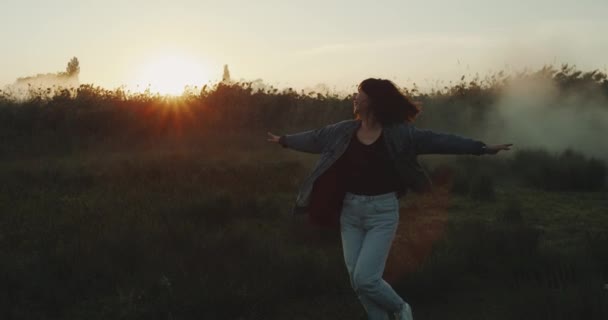 Una giovane ragazza che volteggia nell'erba verde . — Video Stock