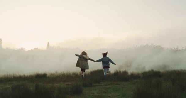 Duas meninas segurando eachother e ter um grande momento juntos na bela natureza . — Vídeo de Stock