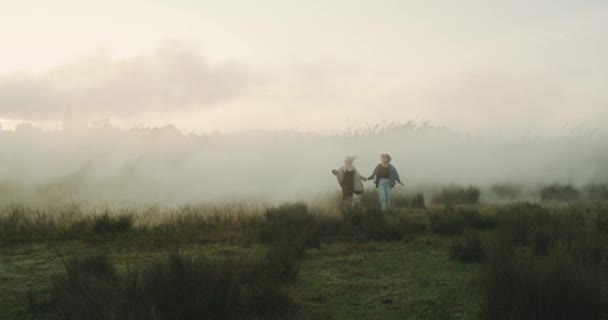 Due migliori amici che si tengono per mano e indossano abiti casual, con l'erba lunga sullo sfondo.4k — Video Stock