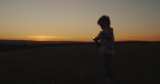 A cute boy at sunset play with a flashlight, amazing view . — стоковое видео