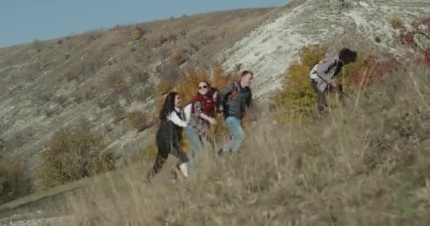 Jovens engraçados e carismáticos caminhando no topo da montanha e explorando a natureza em uma bela exposição . — Vídeo de Stock