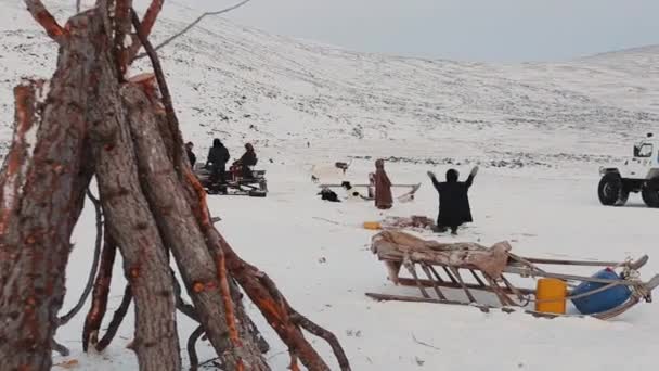 Şaşırtıcı Sibirya, insanlardan tundra, yurt ve büyük kar makinesi ortasında yakalama. — Stok video