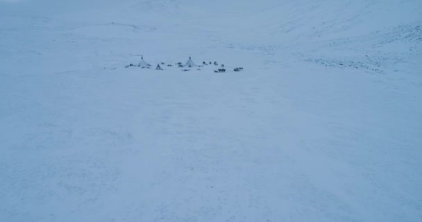 Catturare la vita siberiana da drone, campo di yurte al di fuori delle renne e slitta. girato su epica rossa — Video Stock