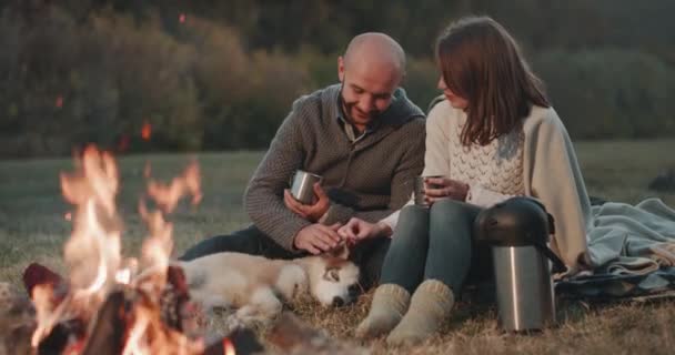 Hermosa pareja romántica con un perro husky en la naturaleza al lado de una fogata, pasando un tiempo encantador juntos bebiendo té y sintiéndose relajados . — Vídeo de stock