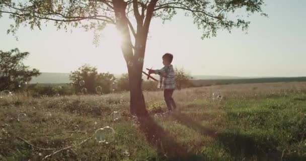 Tři roky chlapec v přírodě hraje s velkým letadlem, bubliny, létající kolem. — Stock video