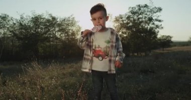 Doğa kamera önünde bir lolipop yemek bir karizmatik üç yıl çocuk güneşli bir gün.