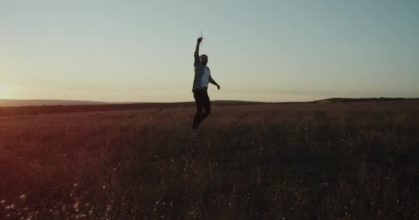 Sonhos realizados, um jovem brincando com um avião na natureza, sonhando em se tornar um piloto, belo pôr do sol . — Vídeo de Stock