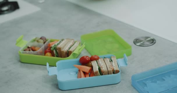 Närbild Kvinna Förbereda Rutan Hälsosam Lunch För Sina Barn Morgonen — Stockvideo