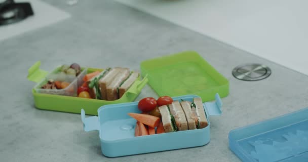 Closeup Femme Préparer Boîte Lunch Saine Pour Ses Enfants Matin — Video