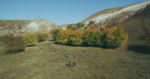 Fantastisk utsikt från drone av grupp vänner på naturen, fantastisk landskap i höst. — Stockvideo