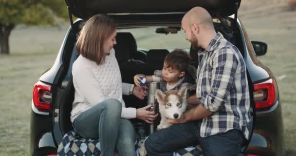 Nice família de quatro membros mãe pai pequeno menino e um cão bonito husky ter um belo tempo juntos no meio da natureza sentado no porta-malas do carro e brincando juntos .. — Vídeo de Stock