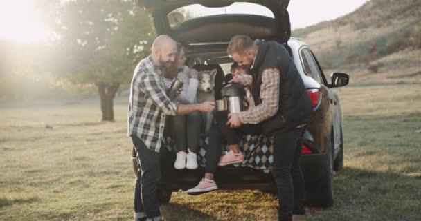 Em um dia ensolarado, duas famílias com crianças pequenas e um cachorro descascado fazem um piquenique no meio da natureza, param com o carro sentado no porta-malas e bebem chá de uma garrafa térmica grande. . — Vídeo de Stock