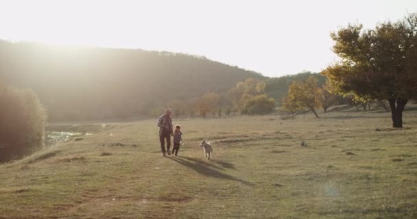 Increíble día para el padre y su hijo que juegan con su hermoso perro husky en medio de la naturaleza junto a un lago — Vídeo de stock