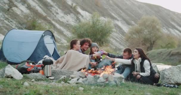 Campfire tempo per un gruppo di amici la sera hanno un tempo di relax, nel bel mezzo della montagna bere vino e mangiare alcuni marshmallow . — Video Stock