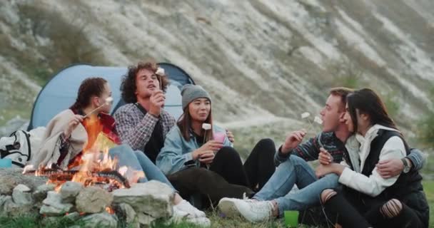 Multicultural friends have a good trip together , sitting in front of bonfire and spending a good time together drinking wine. — Stock Video