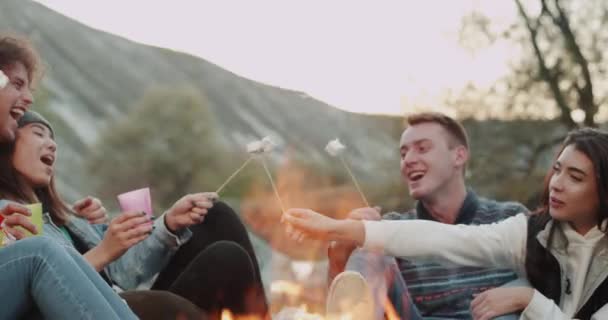 Closeup skupina multikulturní přátel na kempování jíst marshmallows a pití vína na oheň. — Stock video