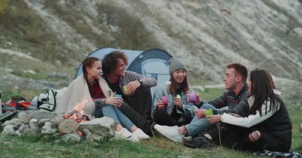 Charismatic group of teens have a picnic time , in the middle of mountain , sitting at campfire and drinking some wine or tea and have a great conversation. — Stock Video