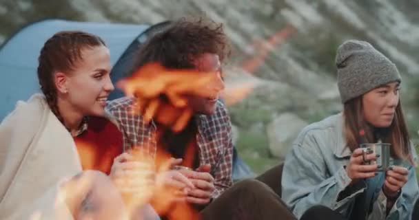 年轻朋友的肖像多元文化一起度过一段美好的时光在山中 旁边的篝火微笑大 喝一些热饮 吃一些棉花糖 — 图库视频影像