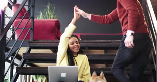 Charismatique femme africaine travaillant sur son ordinateur portable assis dans les escaliers, derrière elle un homme soulever les escaliers avec son chien husky, il donne un cinq à son collègue — Video