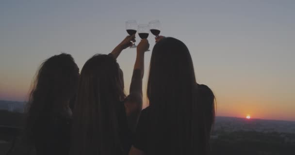 Drei Damen bei Sonnenuntergang auf dem Loft-Balkon bewundern die schöne Aussicht auf den Himmel und halten drei Gläser Rotwein in die Höhe. — Stockvideo