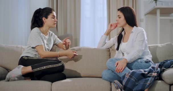 Gute Freundinnen zwei attraktive Damen haben eine gemeinsame Zeit zu Hause, während sie auf dem Sofa sitzen, miteinander plaudern und eine tolle Zeit verbringen — Stockvideo