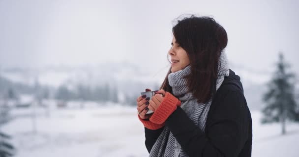 Dos amigos viajando juntos en invierno, llegaron a un lugar increíble con un hermoso bosque cubierto de nieve, tomar un poco de té caliente — Vídeo de stock