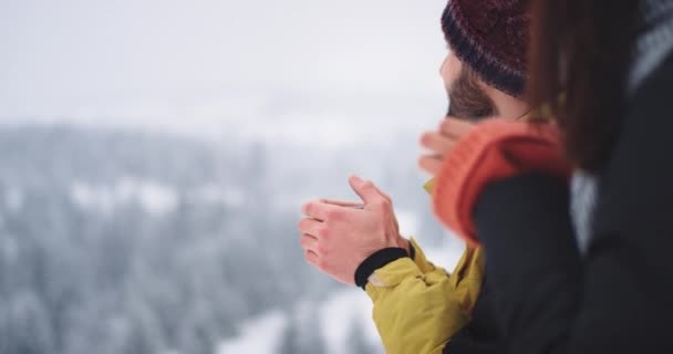 En el paisaje increíble en la señora de la montaña y el hombre beben té y relajarse, tienen buen tiempo en un lugar hermoso — Vídeos de Stock