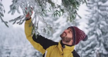 Mutlu gülümseyen turist bir ağacın altında dağda an relishes , o bir ağaç dalı ile oynarken ve rahatlatıcı bir zaman var
